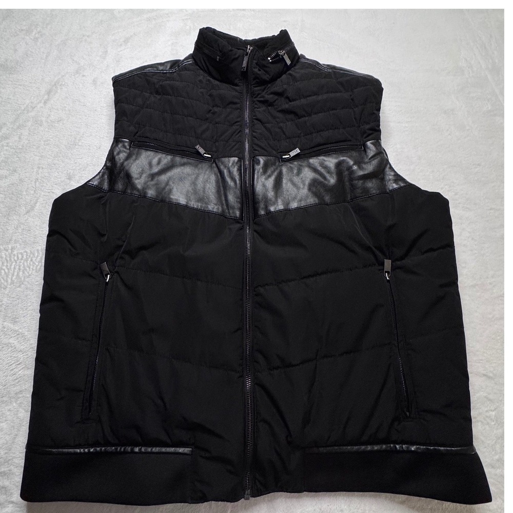 Kenneth Cole Reaction Mens XL Black Puffer Vest Faux Leather Trim Quilted Winter